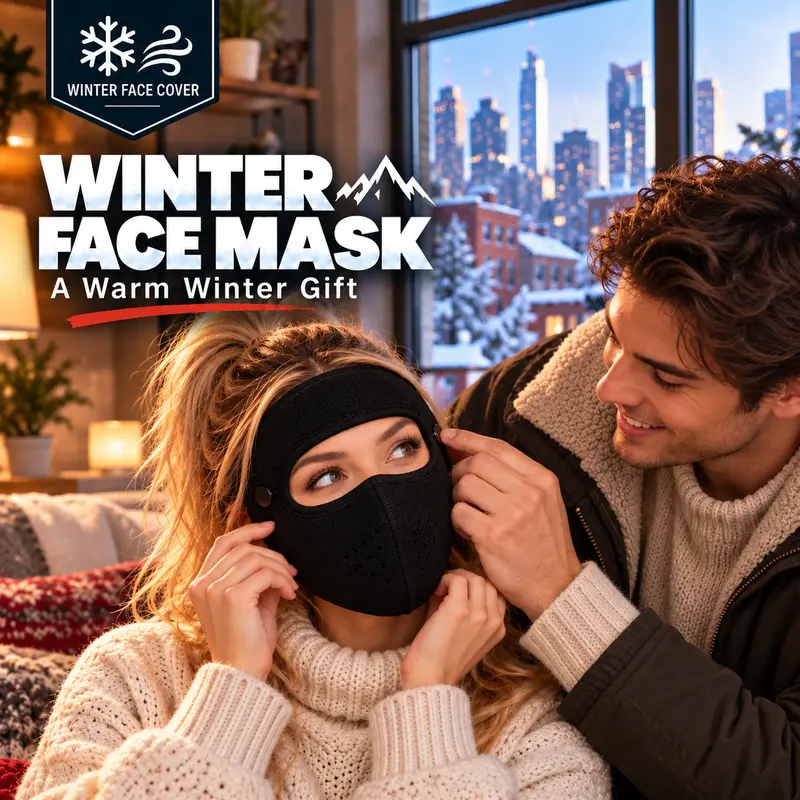 Couple indoors with the winter fleece face mask presented as a warm winter gift