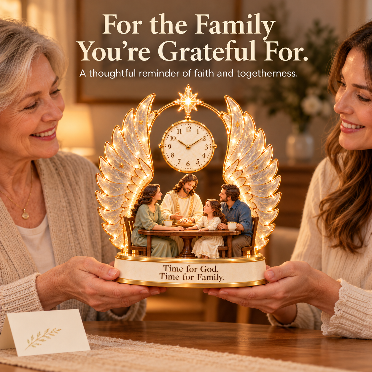 A mother and adult daughter sharing the lighted Jesus and family clock.