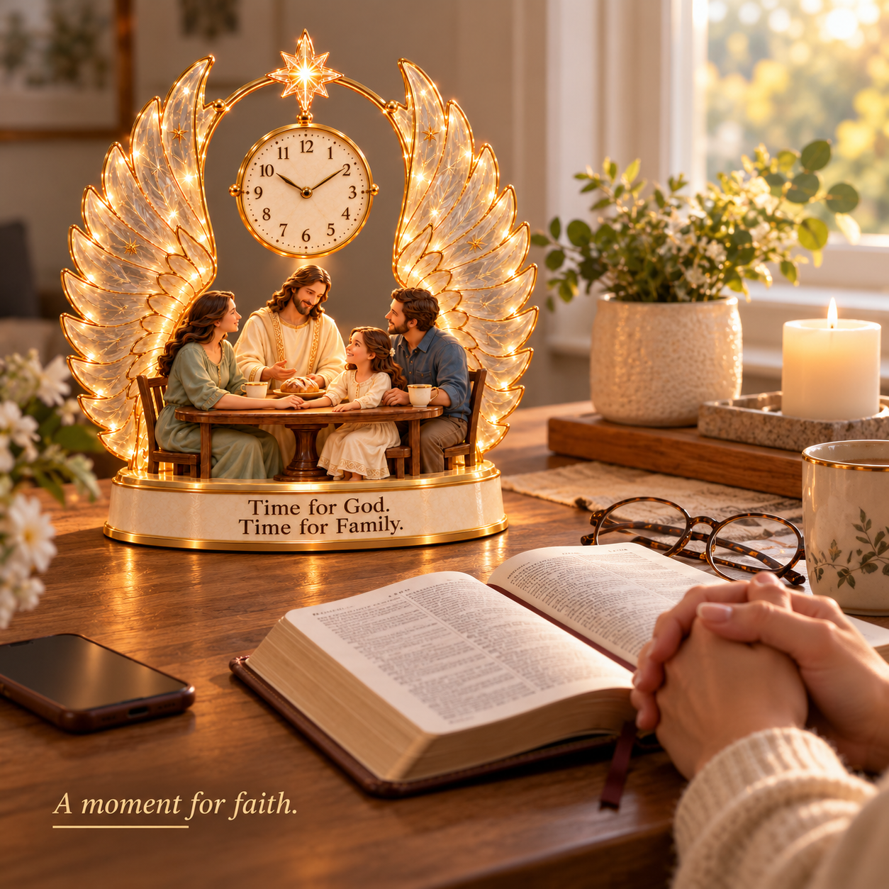 Lighted family clock beside an open Bible and hands held in prayer.