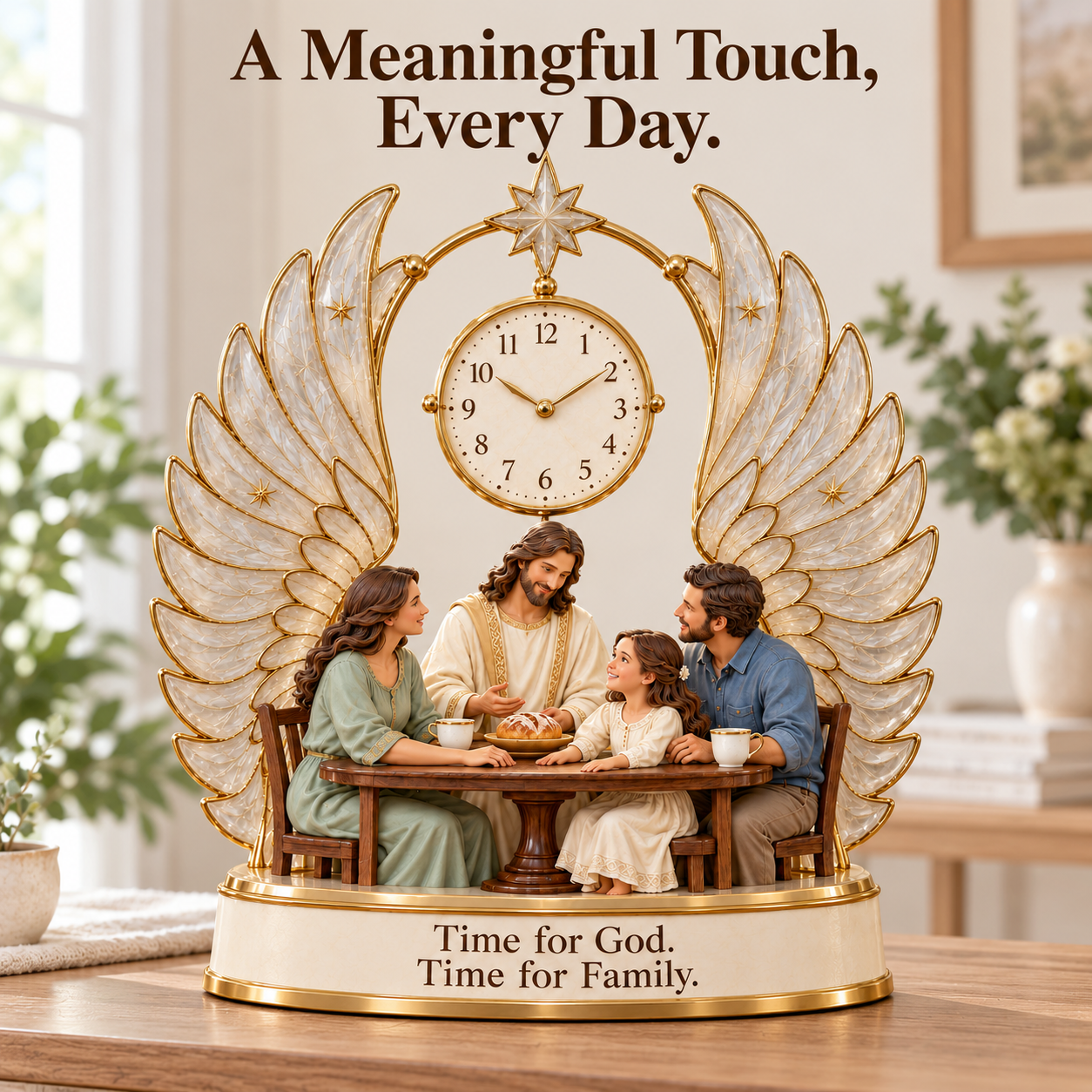 Unlit Jesus and family clock in natural daylight, showing ivory wings and gold-colored details.