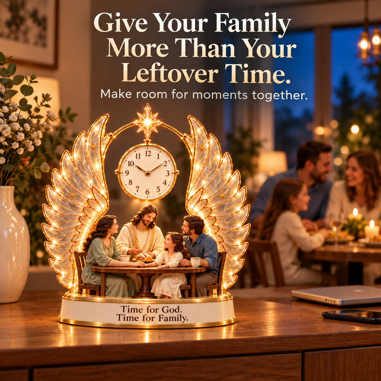 Illuminated Jesus and family table clock with golden angel wings, displayed near a family sharing a meal.