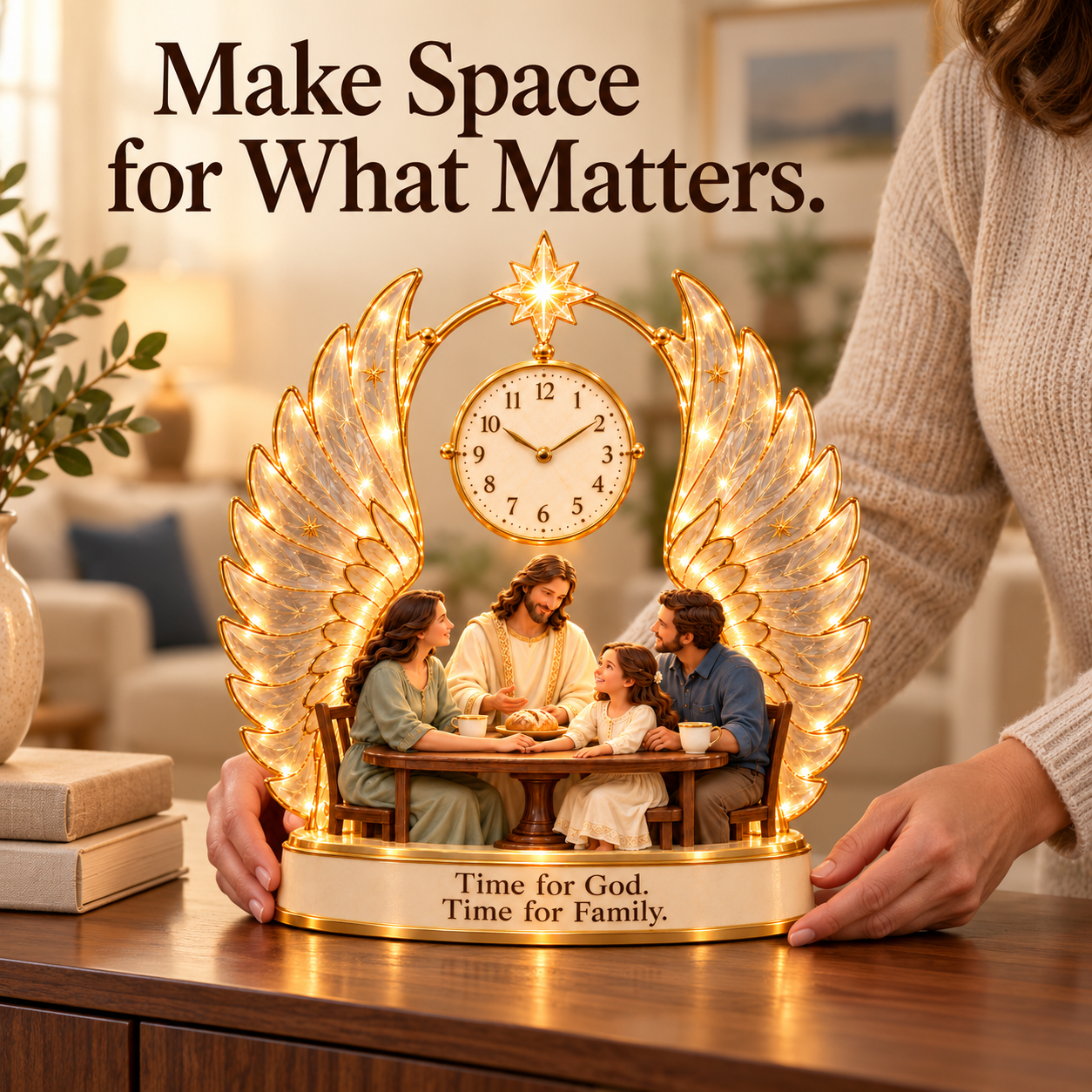 The illuminated clock being placed on a tabletop, with a warm glow across the wings and star.