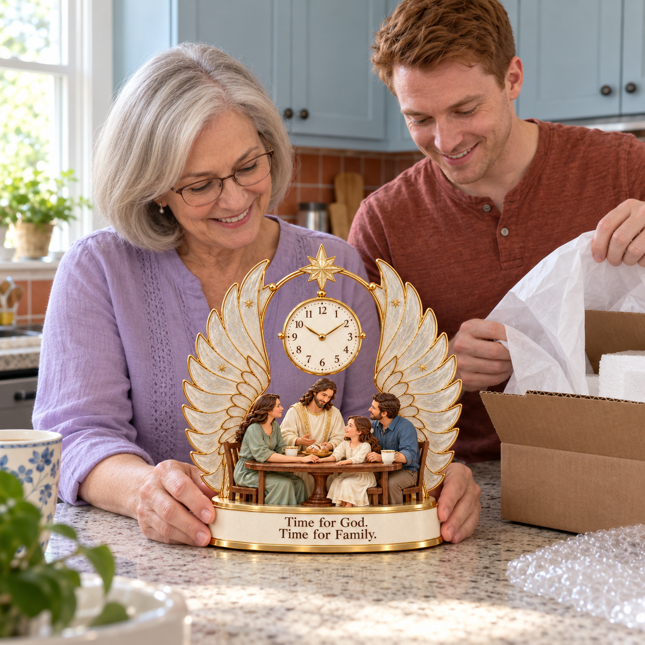 AI-generated scene of a mother and her adult son unwrapping the family clock together in a kitchen.