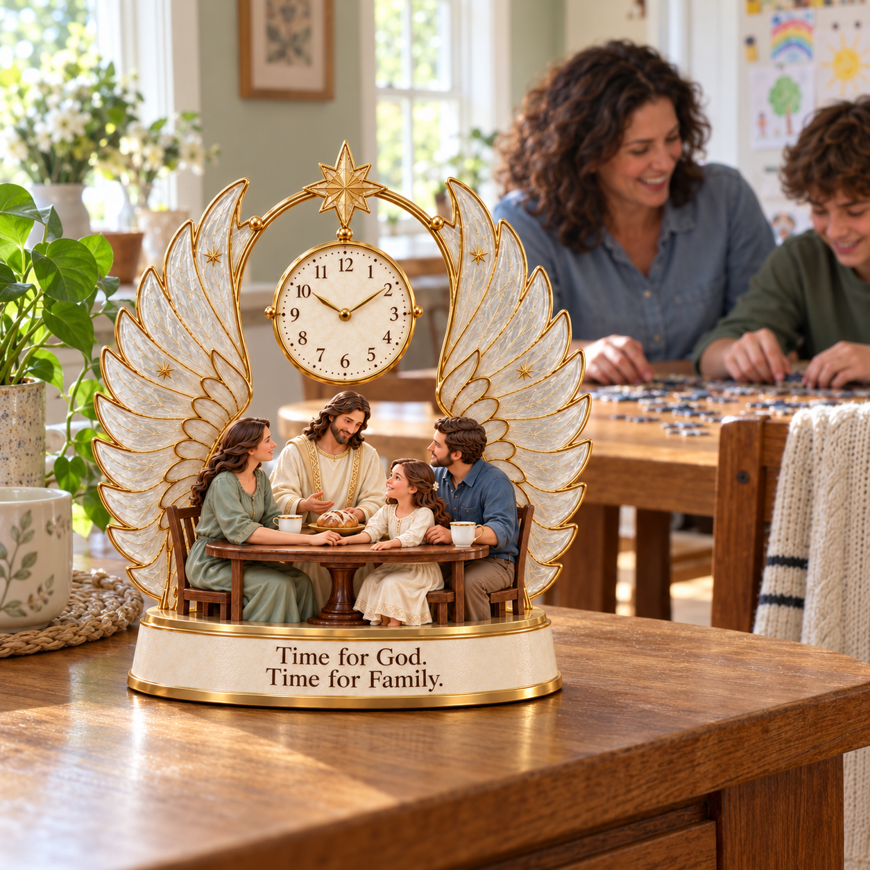AI-generated scene of a mother and son enjoying a puzzle in daylight, with the unlit family clock nearby.