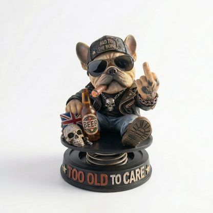 "Too Old To Care" Hardcore Frenchie Dashboard Bobblehead😎 - Rebellious Bulldog Car Decor
