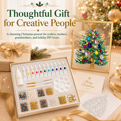 🔥 LAST DAY 49% OFF – 🎄 DIY Jeweled Christmas Tree Art Kit | Colorful Gems, Pearls, Paints & Gold-Tone Floating Display Frame 💎✨