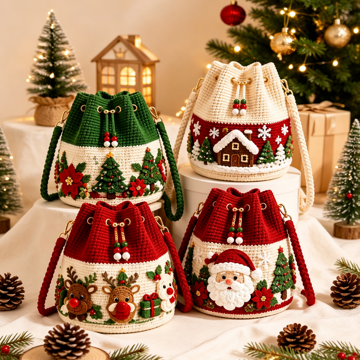 🎄Christmas Crochet Bucket Crossbody Bag 🎅 | 4 Styles Hand‑Knitted Drawstring Shoulder Purse | Festive Holiday Women Handbag Gift