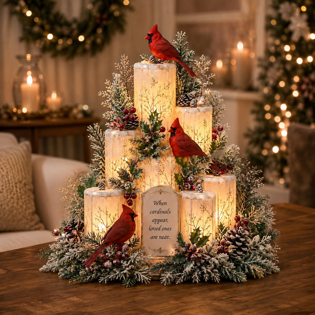 Cardinal remembrance illuminated Christmas centerpiece