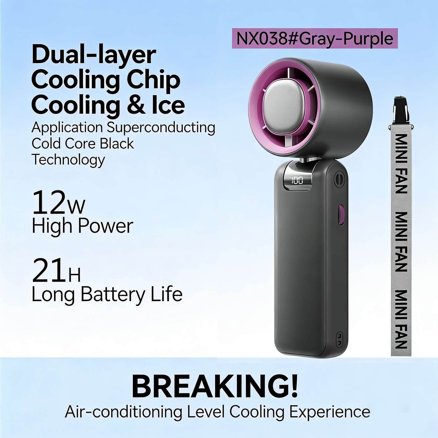 ❄️ Portable Handheld Cooler Fan | 100-Speed Ice Touch Cooling Beat the Heat Anywhere: 20°F Drop | 5500mAh Battery | 150° Foldable