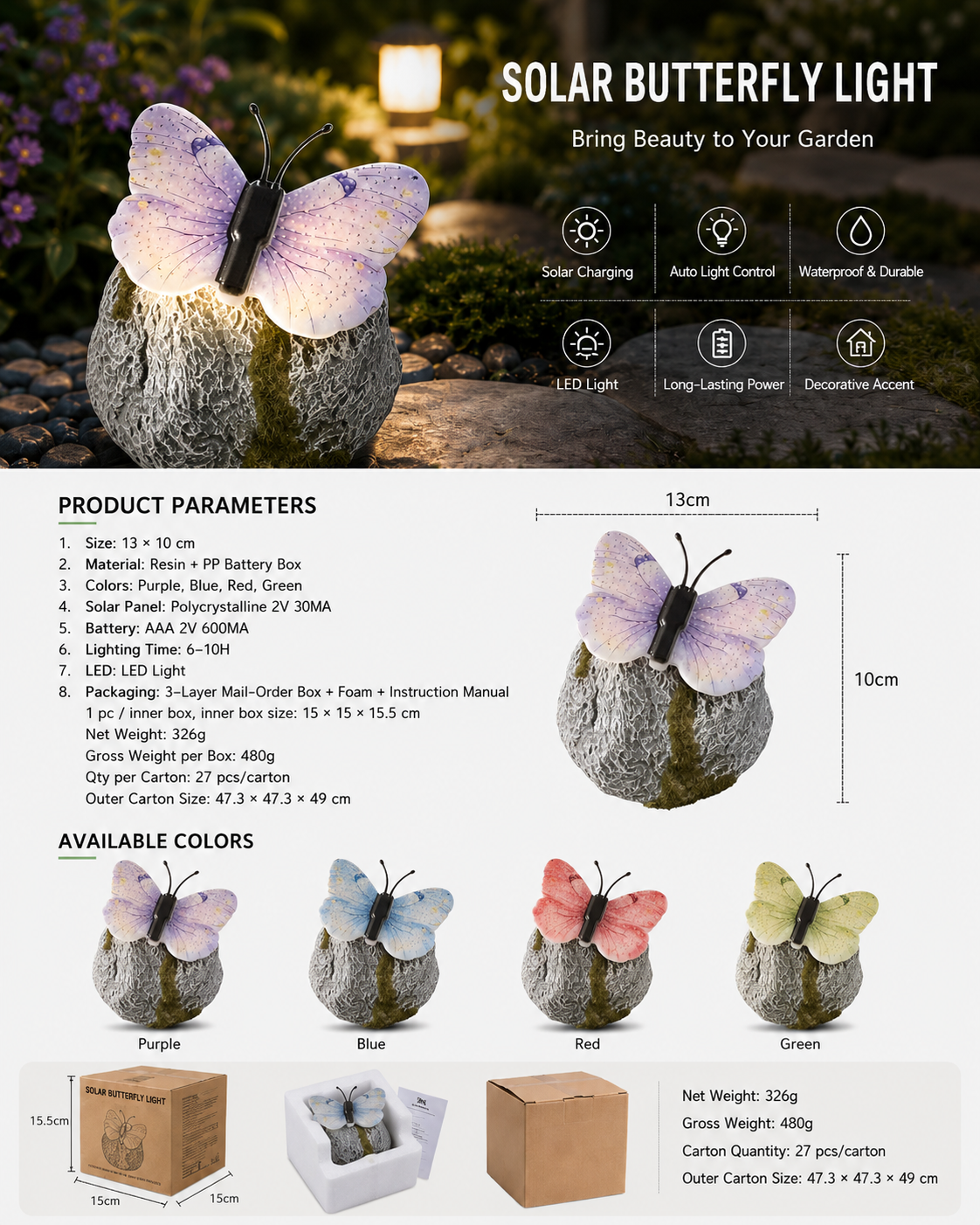 🦋 Solar Butterfly Stone Garden Light, Waterproof LED Glowing Landscape Rock Lamp, Auto On/Off Outdoor Resin Decor for Yard, Lawn, Pathway, Patio & Porch, Perfect Garden Gift