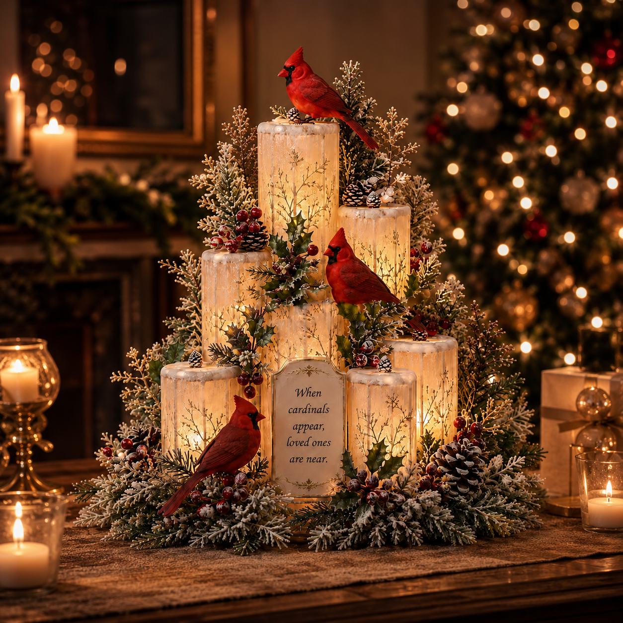 Warm cardinal remembrance decoration glowing beside Christmas lights