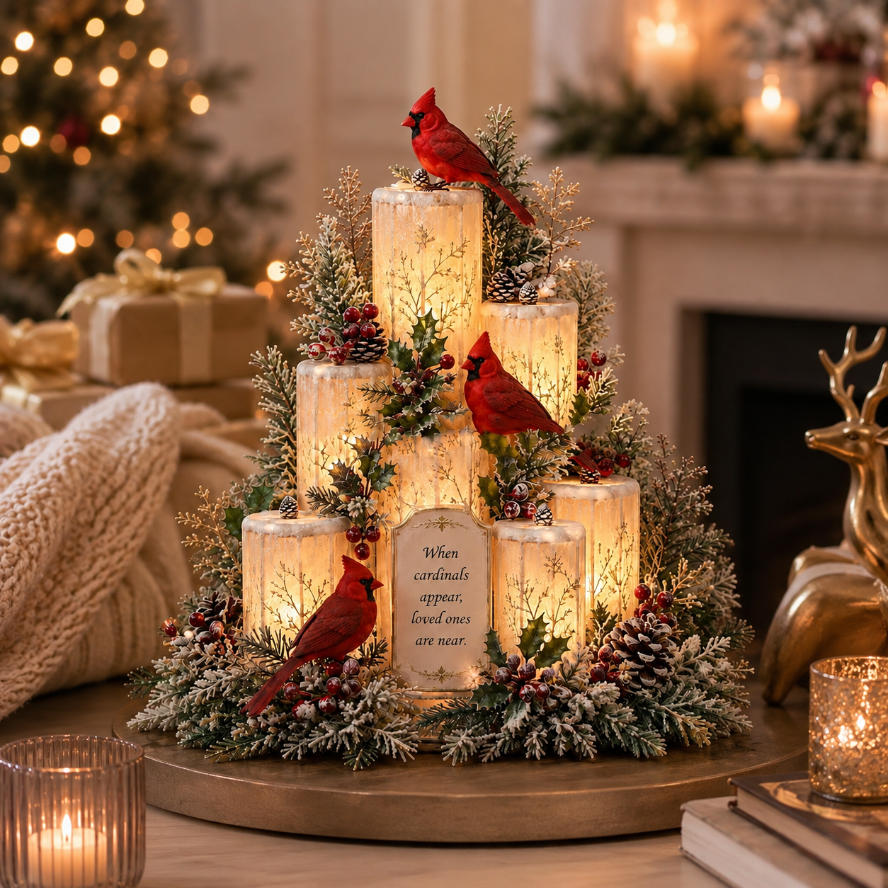 Cardinal remembrance centerpiece displayed in an elegant winter home