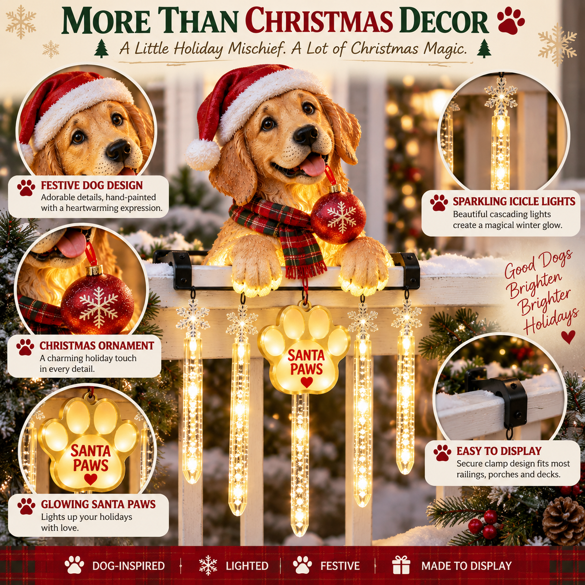 🐾 Santa Paws Christmas Porch Glow – Lighted Dog Railing Decor 🎄✨