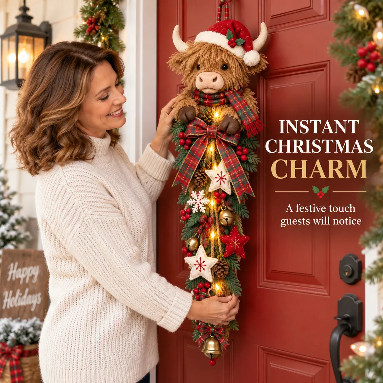 🔥Hot Sale 45% OFF -🎄 Lighted Highland Cow Christmas Door Swag
