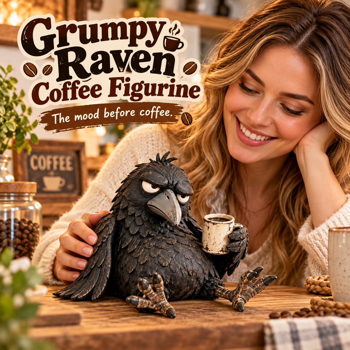 🖤 Rustic Vintage Raven Figurine with Coffee Mug – Grumpy Crow Farmhouse Tabletop Decor