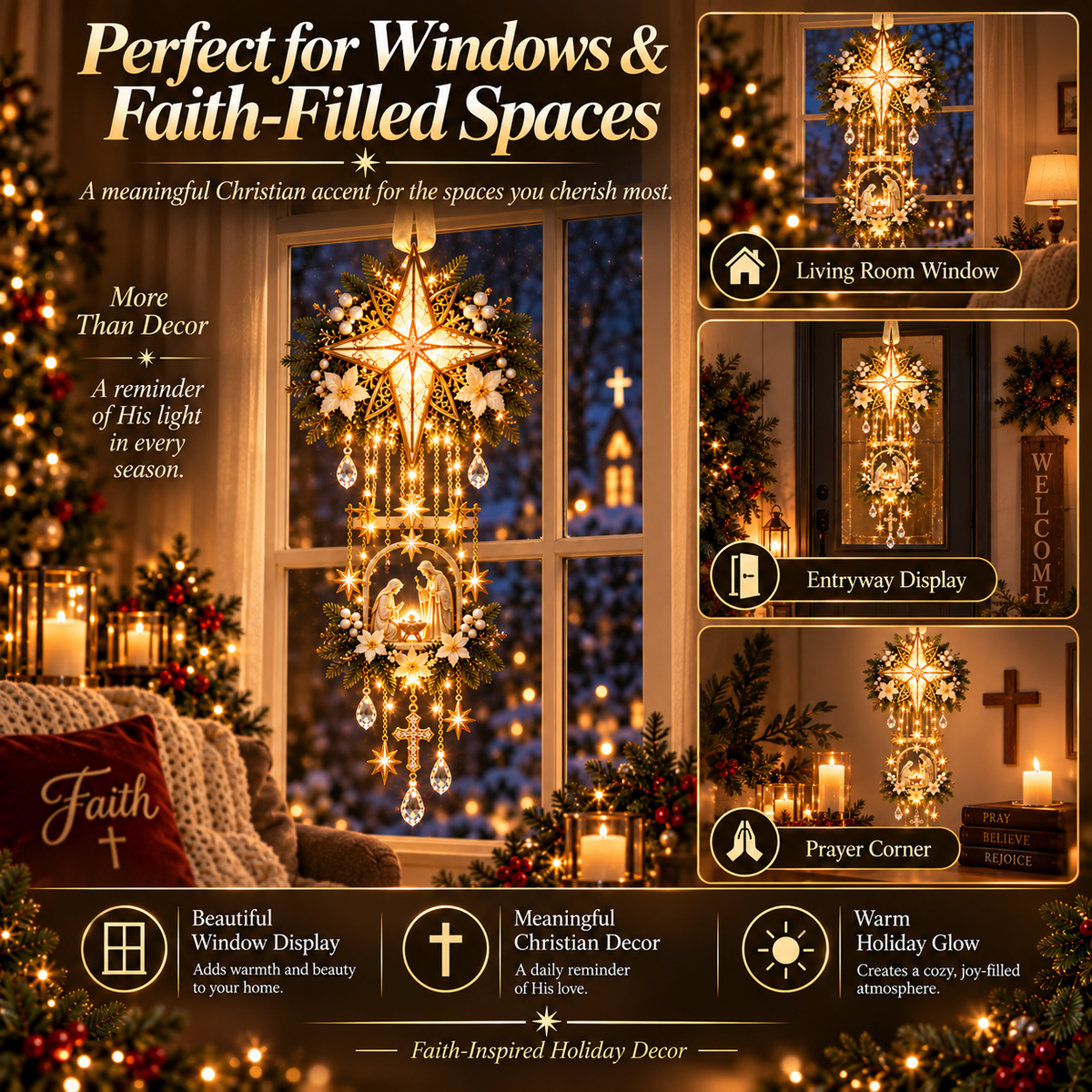 Bethlehem Star Window Light in living room entryway and prayer corner displays