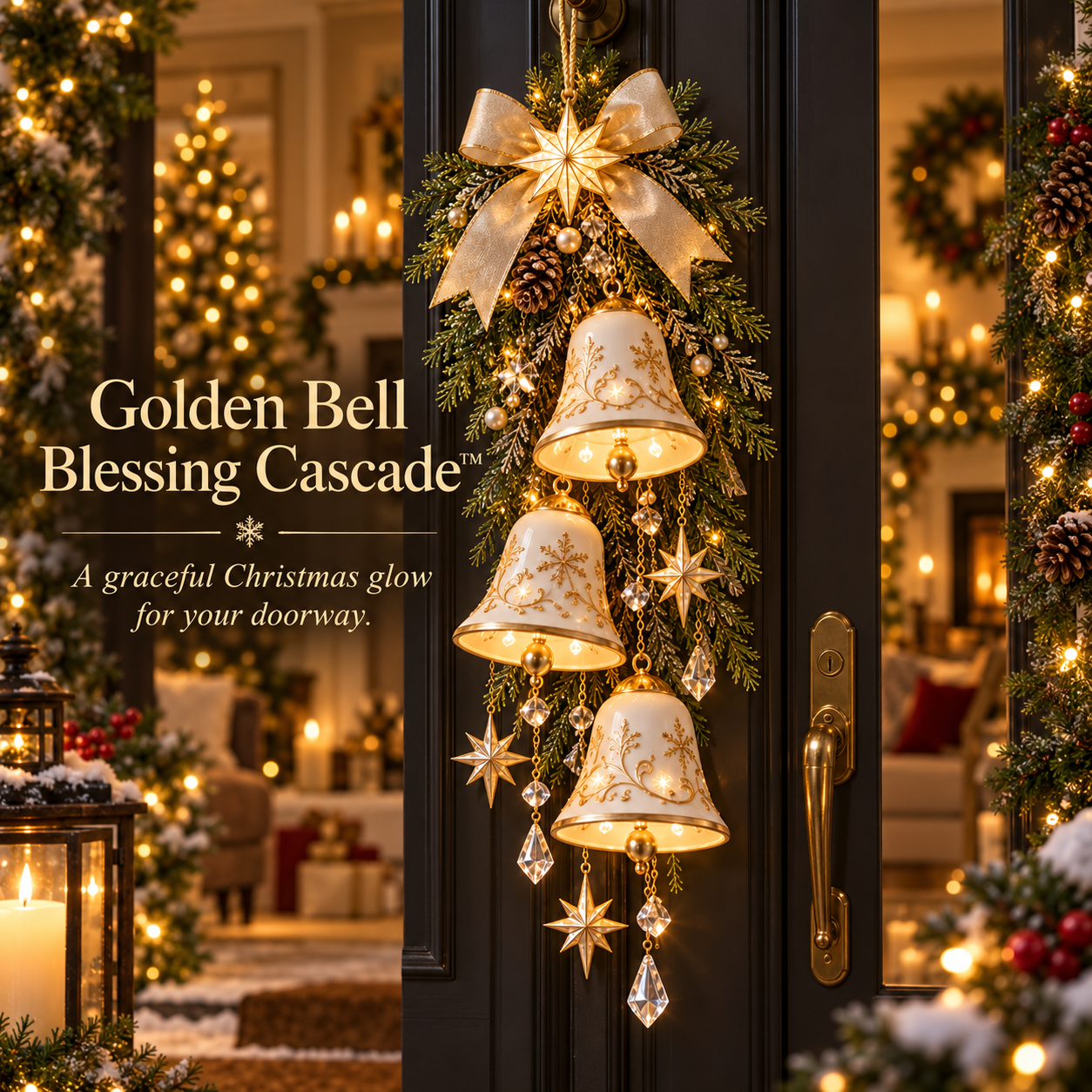 Golden Bell Blessing Cascade Lighted Christmas Door Decor