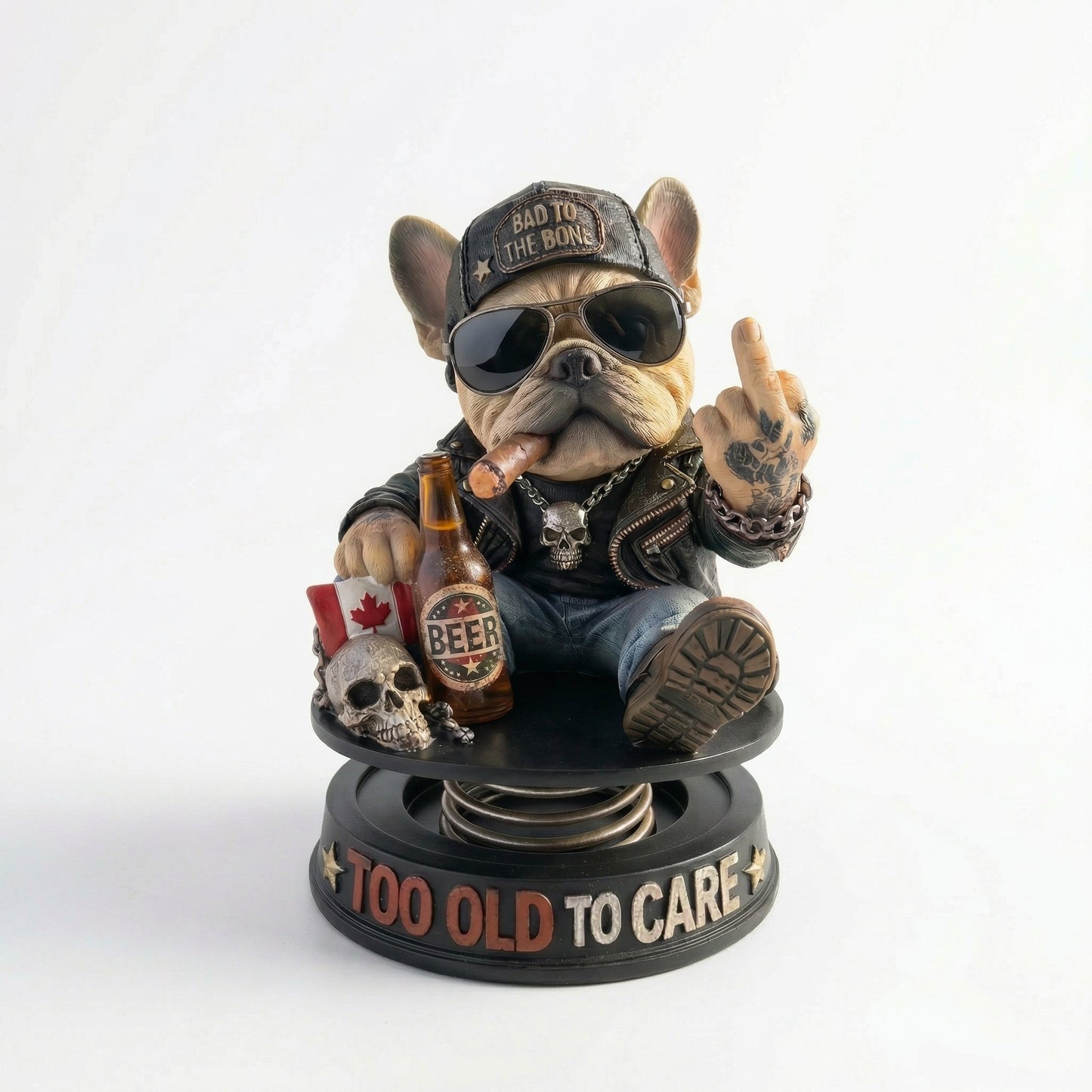 "Too Old To Care" Hardcore Frenchie Dashboard Bobblehead😎 - Rebellious Bulldog Car Decor