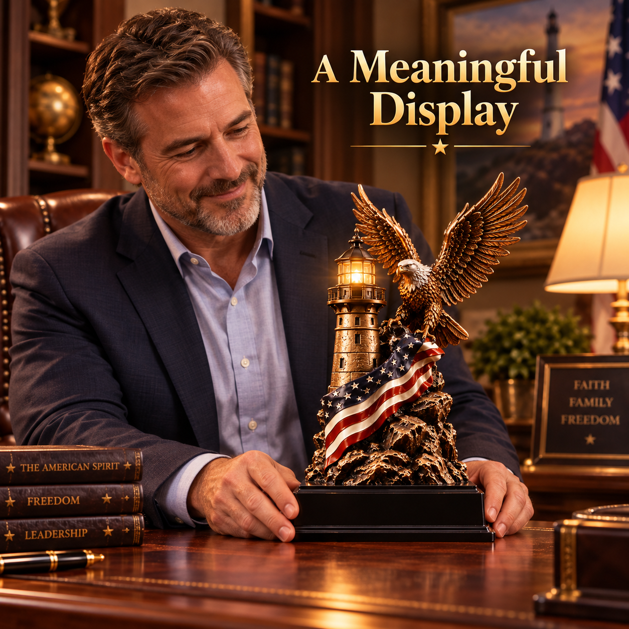 Man displaying Liberty Lighthouse eagle sculpture in office