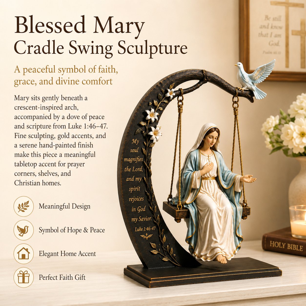 🙏Blessed Mary Cradle Swing Sculpture – Luke 1:46 Faith Table Decor | Holy Virgin Prayer Rocking Decor with Dove & Crescent Arch🕊️