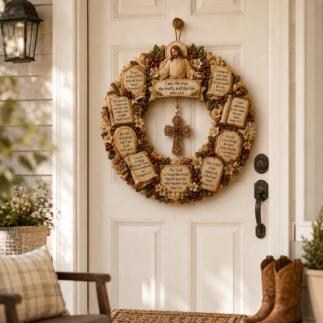 ✝️ Jesus Scripture Wreath | Handcrafted Christian Wood Décor with Bible Verses, Hanging Cross & Faith-Inspired Vintage Details 🙏