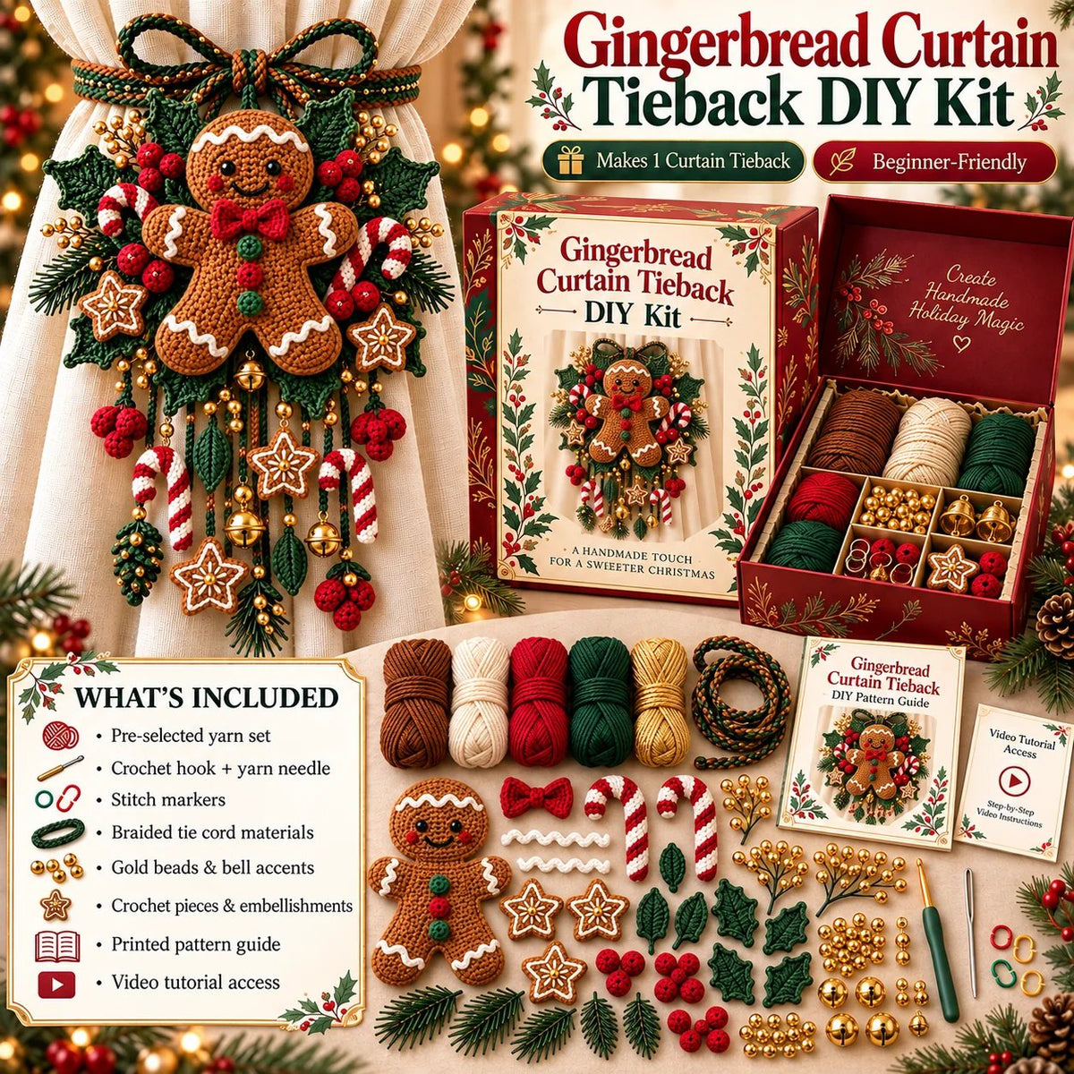 ⏳ Last Day 49% OFF – 🎄 Christmas Crochet Curtain Tieback DIY Kit | Beginner-Friendly Options, 8 Festive Designs 🧶