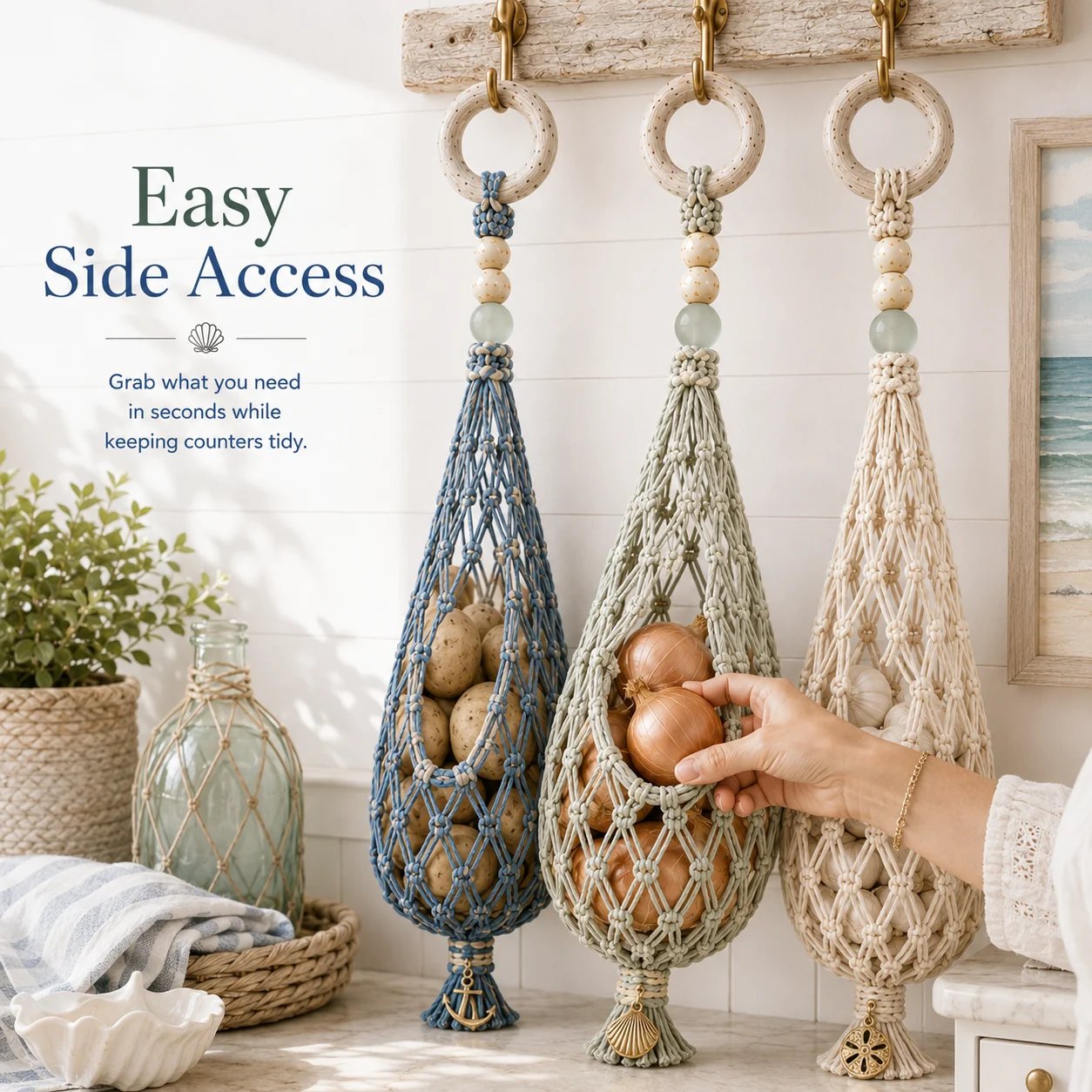 🌊🥔 Coastal Hanging Produce Storage – Handwoven Breathable Organizer with Easy Side Access