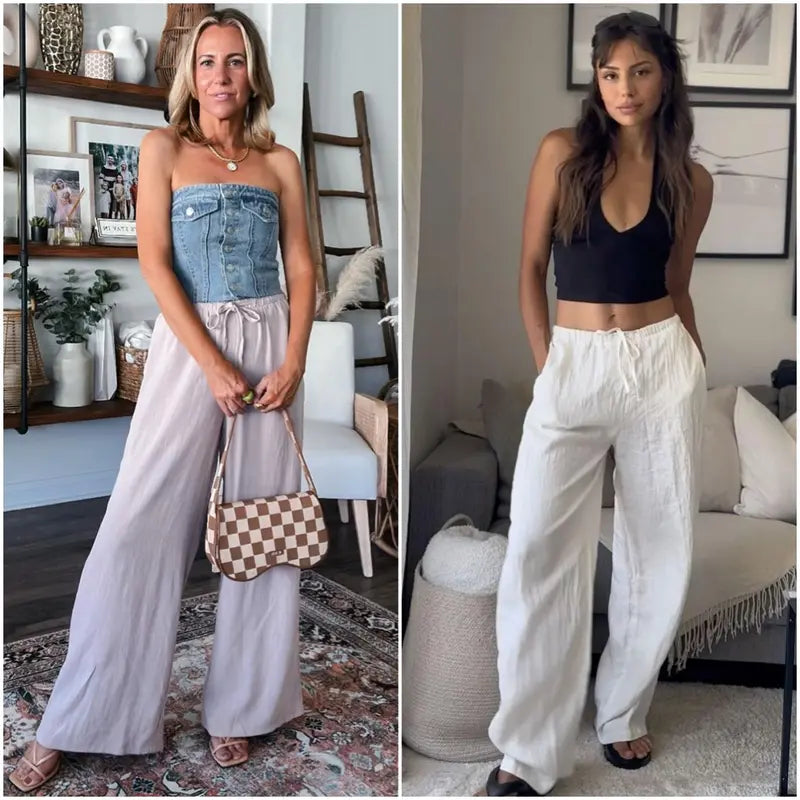 2026 SummerVibes-Women's Cotton Linen Summer Palazzo Pants Flowy Wide Leg Beach Trousers