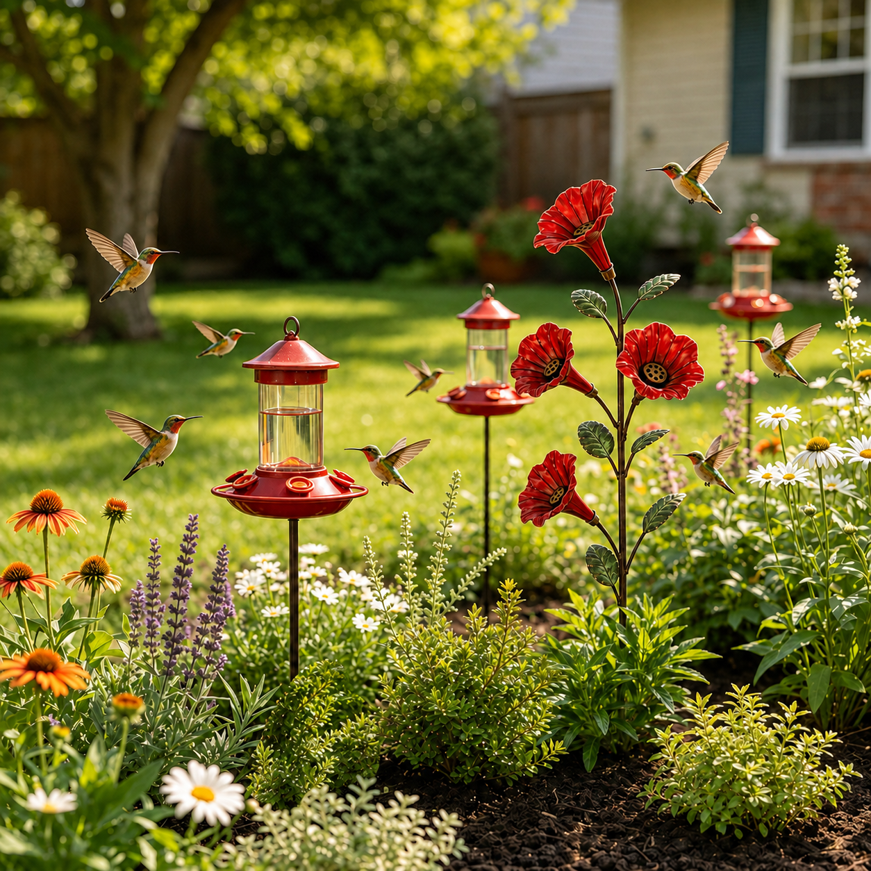 ✨ Vintage Red Flower Hummingbird Feeder Garden Stake