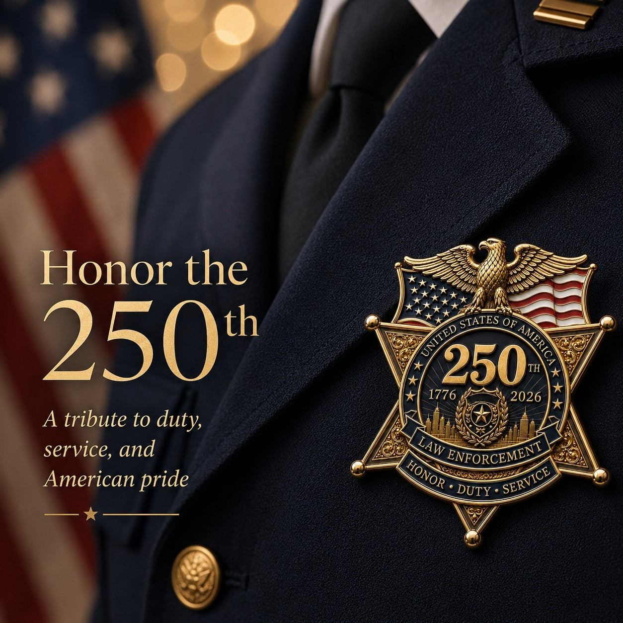 America 250 tribute brooch pinned to a dark jacket lapel
