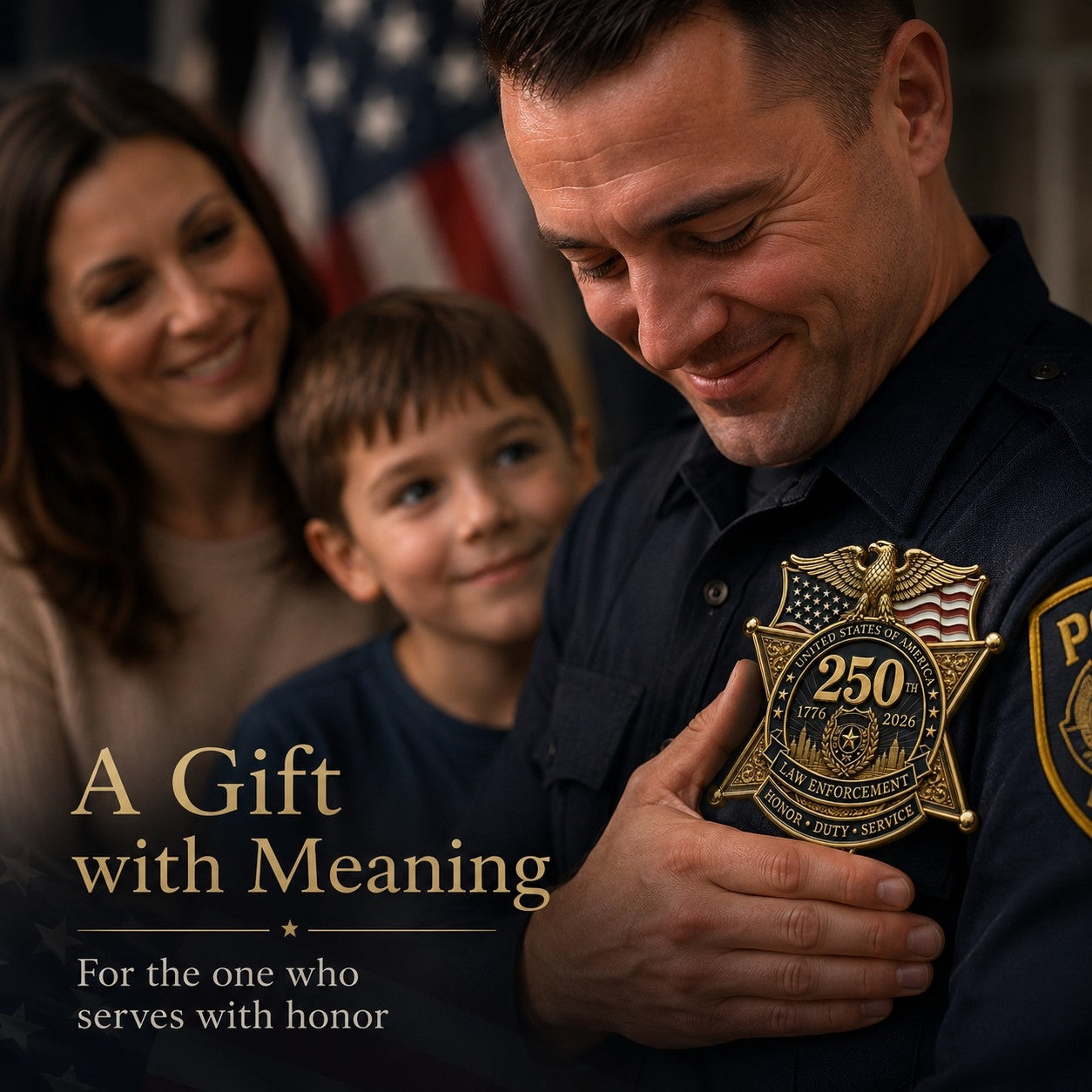 Family presenting a meaningful law enforcement tribute brooch as a gift