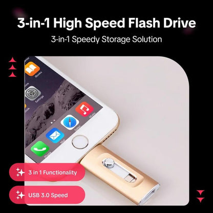 ⚡3 in 1 Flash Drive, Portable High Speed USB 3.0 Memory Storage, OTG Flash Pen Drive with Free Type-C Adapter for Android Phones/PC and More Devices