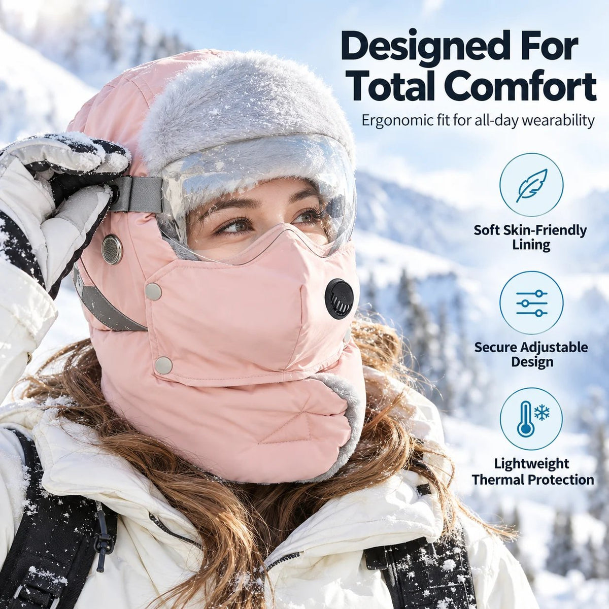 Winter Thermal Ushanka Hat with Detachable Face Mask and Goggles - 5-in-1 Windproof Cold Weather Gear