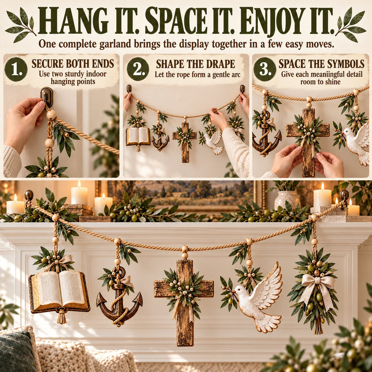 ⏳ Last Day 49% OFF – ✝️ Christian Faith & Hope Decorative Banner | 5 Meaningful Symbols with Rustic Farmhouse Charm 🌿