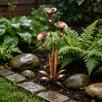 🌿Flamed Copper Three Calla Lilies Garden Stake with Bells
