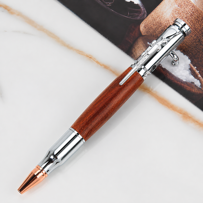 Handcrafted Bolt Action Bullet Pen with Solid Wood & Authentic Shell Casing