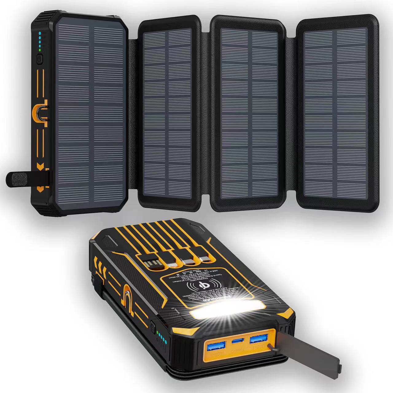 🎄20000mAh Solar Power Bank with Foldable Panels, Wireless Charging & LED Flashlight