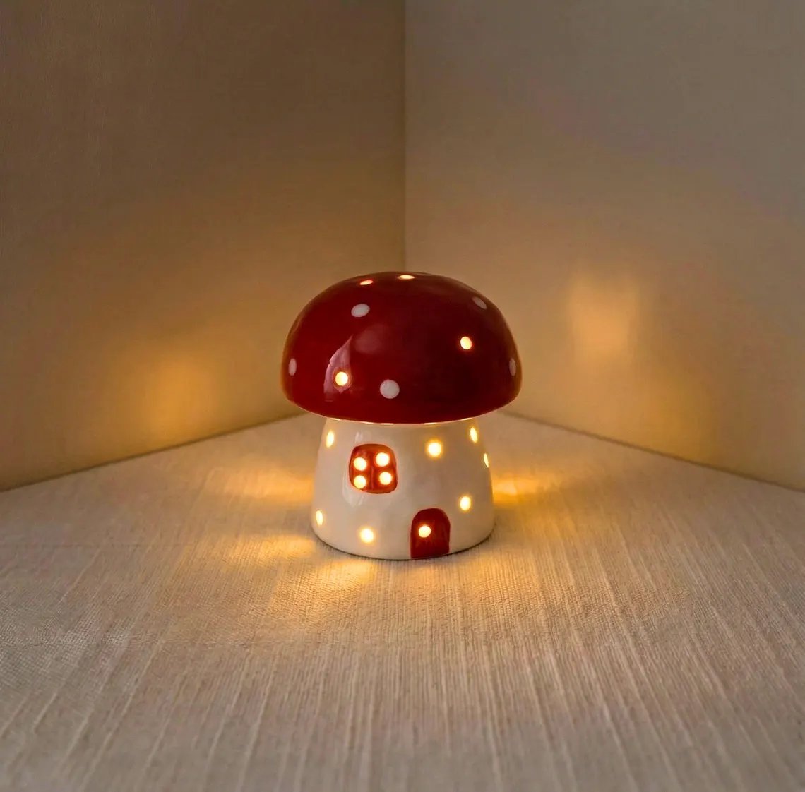 Mushroom Ceramic Night Light, Handmade Glowing Mushroom House Lamp