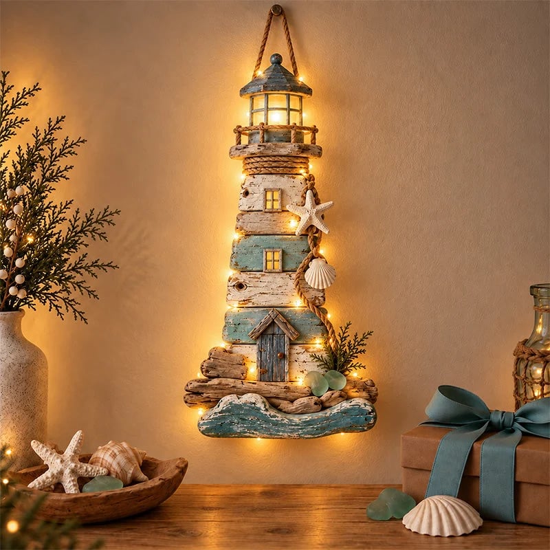 🌊🏠 Coastal Driftwood Lighthouse Wall Decor – Rustic Beach House Hanging Accent