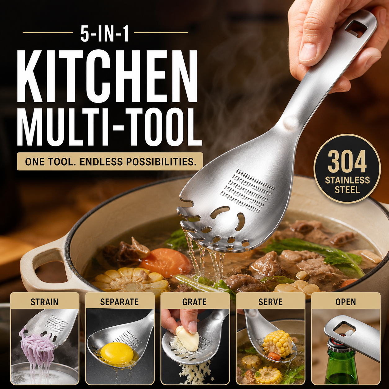 🥳2026 HOT SALE🥳💞50K+ SOLD! 🥄🎁 50% OFF! Stainless Steel Spoon – From £7.98! 5-in-1 filters, grinds, fetches & opens. Space-saving kitchen hero – stock up & save! 🏠✅
