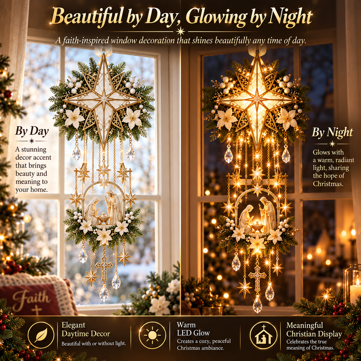 Bethlehem Star Window Light shown during the day and glowing at night