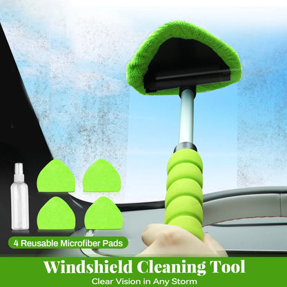 🔥50% OFF Today | Windshield Cleaning Tool with Extendable Handle & 4 Reusable Microfiber Pads
