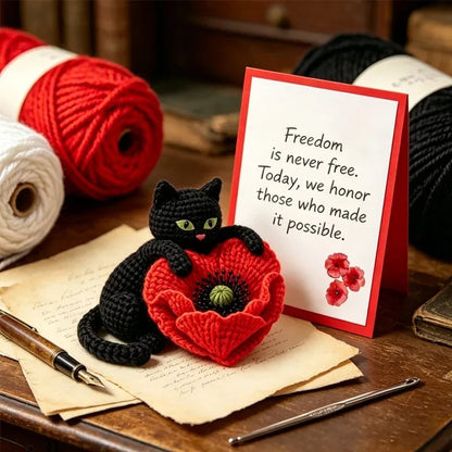 🌺Handmade Crochet Black Cat with Poppy