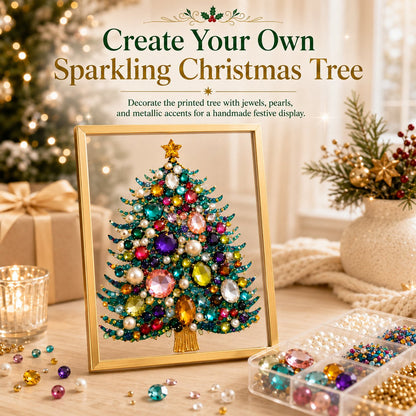 🔥 LAST DAY 49% OFF – 🎄 DIY Jeweled Christmas Tree Art Kit | Colorful Gems, Pearls, Paints & Gold-Tone Floating Display Frame 💎✨