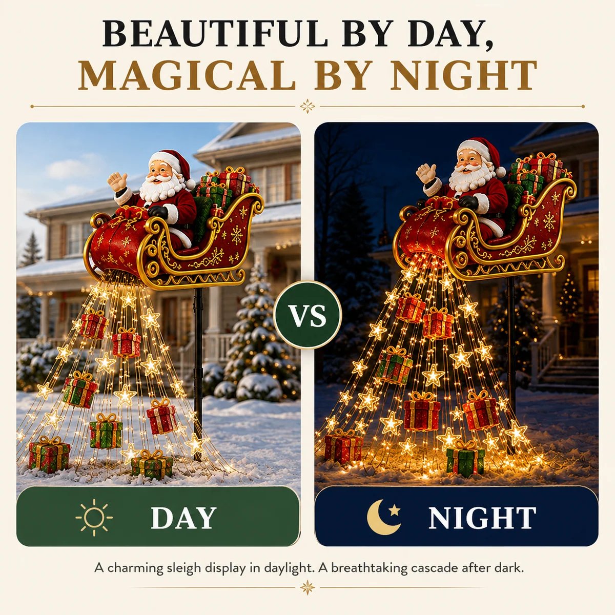 🎅✨ 2026 New Santa’s Flying Sleigh Gift Cascade – Solar Christmas Garden Light