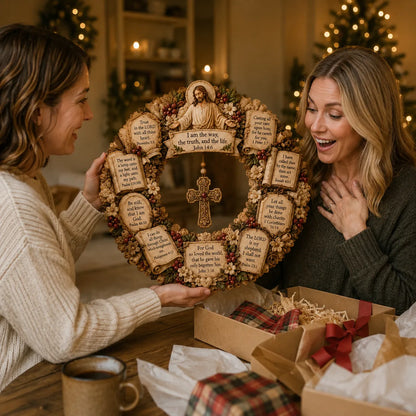 ✝️ Jesus Scripture Wreath | Handcrafted Christian Wood Décor with Bible Verses, Hanging Cross & Faith-Inspired Vintage Details 🙏