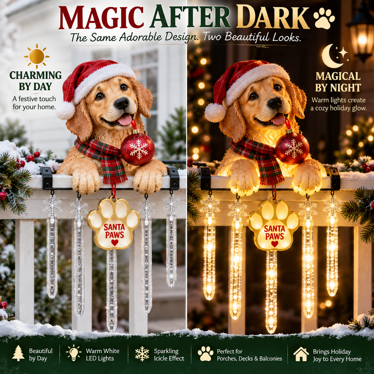 🐾 Santa Paws Christmas Porch Glow – Lighted Dog Railing Decor 🎄✨
