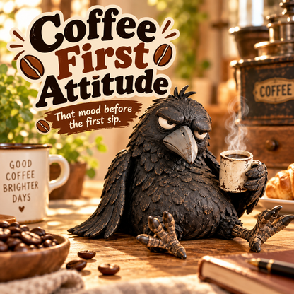 🖤 Rustic Vintage Raven Figurine with Coffee Mug – Grumpy Crow Farmhouse Tabletop Decor