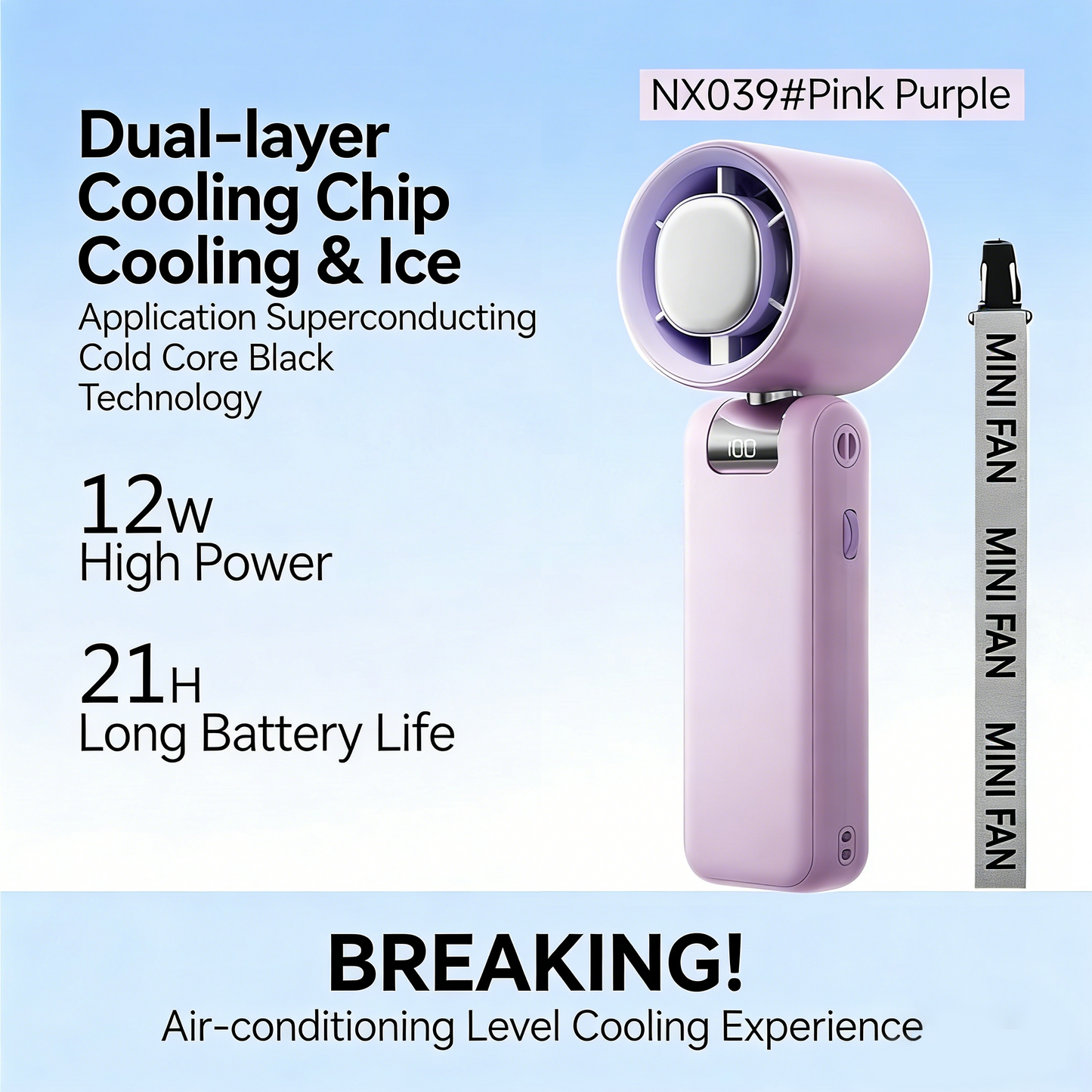 ❄️ Portable Handheld Cooler Fan | 100-Speed Ice Touch Cooling Beat the Heat Anywhere: 20°F Drop | 5500mAh Battery | 150° Foldable