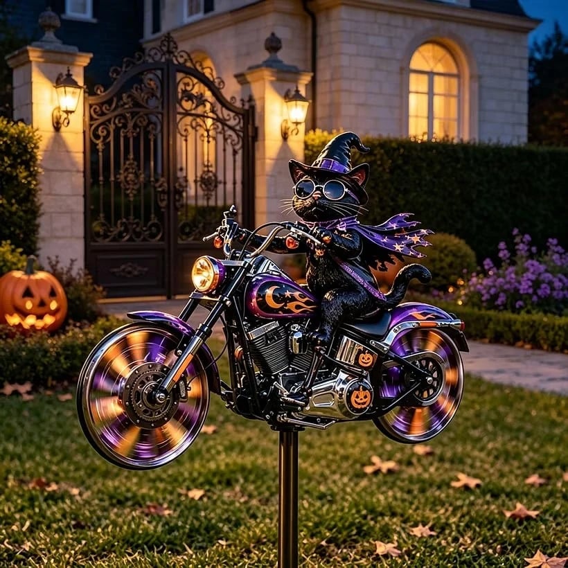 Halloween black cat motorcycle garden spinner